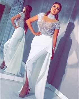 Baltųjų Perlų Arabų Kaftan Vakarinę Suknelę 2021 Trumpomis Rankovėmis, Aukštu Kaklu Dubajus Oficialią Chalatai Ilgai Ponios Prom Dresses Chalatas De Soriee