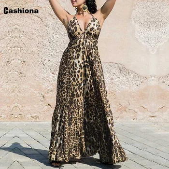 Plius dydis 4xl 5xl Moterų Ilgas, Maxi Suknelės Seksualus V-kaklo Femme Vasarą Naujas Mados Streetwear Retro Leopard Print Suknelė Vestidos