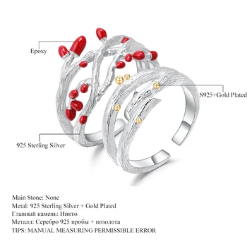 GEM BALETO 925 Sterlingas Sidabro Rankų darbo Reguliuojamas Atidaryti Žiedas Fine Jewelry Gamtos Kūrybos Pareiškimą, Medžio Žiedai Kuponų