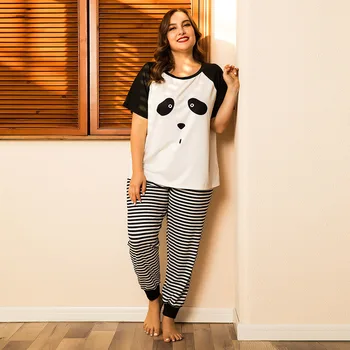 DOIB Moterų Plius Dydis Pižama Nustatyti Animacinių filmų Panda T-shirt Dryžuotos Kelnės Didelio Dydžio Homewear naktiniai drabužiai Kostiumas iš Dviejų dalių, Sleepwear