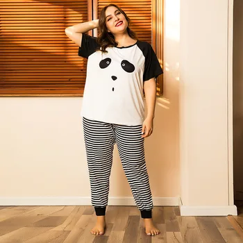 DOIB Moterų Plius Dydis Pižama Nustatyti Animacinių filmų Panda T-shirt Dryžuotos Kelnės Didelio Dydžio Homewear naktiniai drabužiai Kostiumas iš Dviejų dalių, Sleepwear