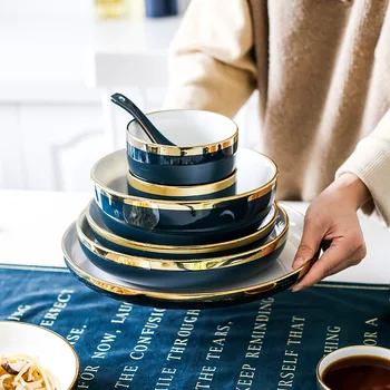 Elegantiškas Tamsiai Mėlynos Keraminės Aukso Ratlankio Plokštės Maisto Patiekalas Šiaurės Retro Stiliaus Porceliano Indai Dubenį Vakarienės Indai Indai