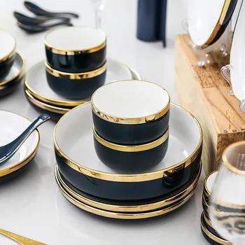 Elegantiškas Tamsiai Mėlynos Keraminės Aukso Ratlankio Plokštės Maisto Patiekalas Šiaurės Retro Stiliaus Porceliano Indai Dubenį Vakarienės Indai Indai