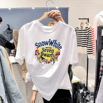 Madingi moteriški Balti Laisvi Laisvalaikio moteriški marškinėliai Cute Girl Laišką Atspausdintas T-shirt