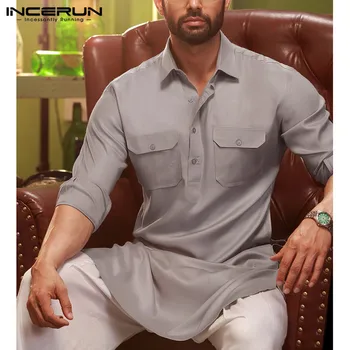 2021 Vyrų Marškinėliai Kieto Atvartas Kaklo, ilgomis Rankovėmis Kišenės Derliaus Pakistano Musulmonų Drabužiai, Ilgi Marškinėliai Vyrams INCERUN Indijos Drabužių