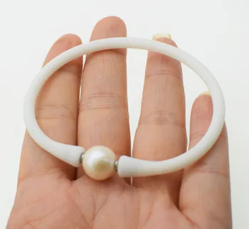 Gėlavandenių perlų apyrankė balta/pilka/juoda šalia ištisus 10-11mm ir pilka silikono pobūdžio 7.5 colių FPPj didmeninė karoliukai