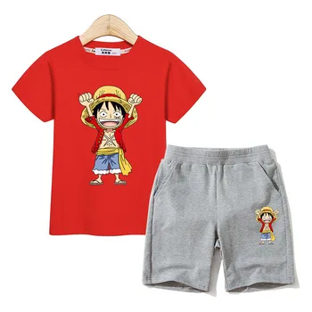 Mažas berniukas vasaros komplektus Luffy tees +medvilnė šortai 2vnt rinkinius vaikams, cartoon kostiumai vienas gabalas karaliaus drabužius mados berniukų kostiumai