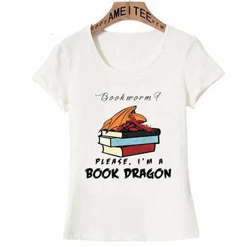 Bookworm Prašome aš knygą dragon Print T-Shirt Vasaros Mados Moterų Marškinėliai Saldus Stilius Mergina Atsitiktinis Viršūnes Paprasta Moteris Tees
