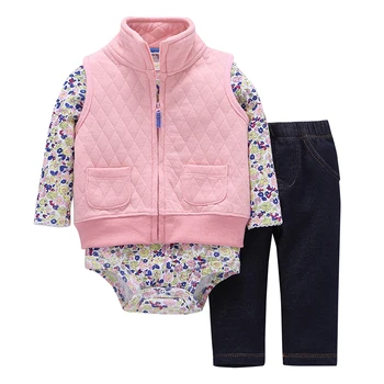 Baby girl drabužiai medvilnės pilka liemenė su pocket +dot ilgomis rankovėmis romper+gėlių kelnes 2020 m. rudenį apranga naujagimį berniuką kostiumas