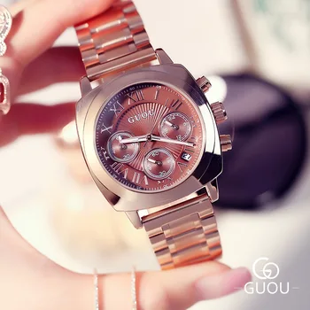 Guou HK Prabangos Prekės ženklo Moterų Laikrodžiai Ponios Suknelė Laikrodis Mados Rose Gold Plieno Kalendorius Moterų Laikrodžiai Kvarciniai Laikrodžiai