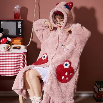 Koralų aksomo pajama moteris flanelė su Nusiminusi išlaikyti šiltas pratęstas pižama animacinių filmų žiemos aksomo sutirštės namų kostiumas Pižamą