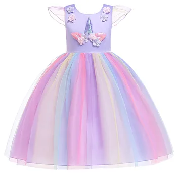 2020 Mergaitės Vaivorykštė Vienaragis Aplikacijos Suknelė, Vestuvės Vaikams Kamuolys Suknelė Mergina Dress Vaikams Išgalvotas Gimtadienio Kūdikių Suknelės