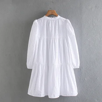 XS moteriški Medvilniniai Balti tuščiaviduriai siuvinėjimo ilgomis rankovėmis suknelė korėjos prarasti Mini Suknelė Midi Suknelė Vasaros Drabužių Moterims