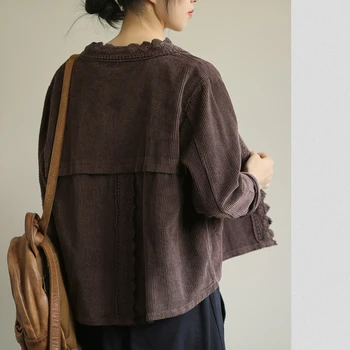 NINI STEBUKLŲ 2020 m. Rudenį Siuvinėjimo Trumpos Striukės, Paltai Moterims Velvetas Nėrinių Susiuvimo Vintage Megztinis Moteriška Atsitiktinis viršutinių drabužių siuvimas