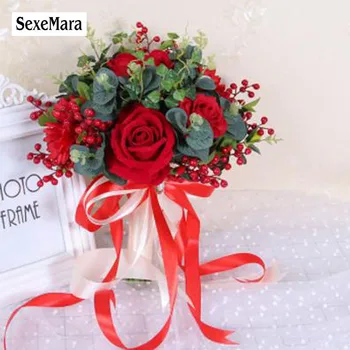 SexeMara Raudona Vestuvių Pamergės valdos gėlių Romantiška Vestuvių Puokštė Gėlių Nuotaka Vestuvių Puokštė de Mariage