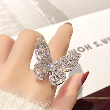 Prabanga Cirkonis Crystal Butterfly Žiedai Moterims Skiedra Spalva Atidarykite Reguliuojamas Valymo Drugelis Žiedas Vestuvėms Šaliai, Papuošalai, Dovanos
