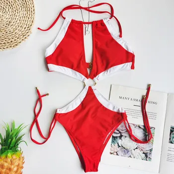 2020 metų Vasaros Raudona Balta Kratinys vientisi maudymosi kostiumėlį Sexy Thong maudymosi Kostiumėliai Moterims Bikini Apynasrio Tuščiaviduriai Bodysuit Monokini moterims