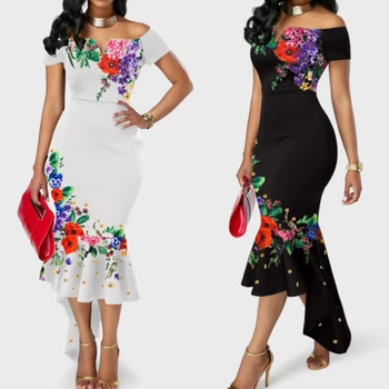 2020 Metų Vasaros Moterų Off Peties Gėlių Elegantiškas Suknelės Vakare Šalies Vestuvių Oficialią Suknelės Raukiniai Slidinėti Ponios Suknelė