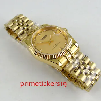 Auksu padengta byla diamond dial 36mm PARNIS data nerūdijančio plieno dirželis su auksu automatinė mens watch PA1071