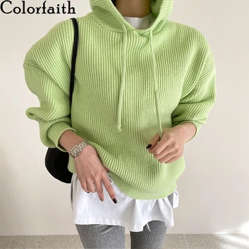 Colorfaith Naujas 2021 Žiemos Pavasario moteriški Megztiniai Šiltų Megztinių Negabaritinių Gobtuvu Minimalistinio Megzti Derliaus Lady Viršūnes SW1245JX