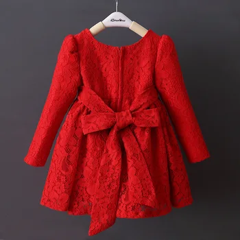 DFXD Bamblys Mergina Suknelės Pavasario ilgomis Rankovėmis Raudona Visą Nėrinių Medvilnės Didelis Bowknot Princesė Dress Vaikai Storas Vestuves Suknelė 2-8Y
