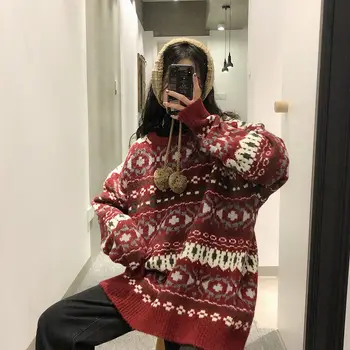 Moteris Megztiniai 2020 M. Rudens Žiemos Raudona Žakardo Kalėdų Džemperis Moterims Laisvas Megztinis Megztinis Femme Chandails Traukti Hiver