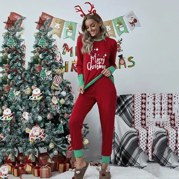 2021 Kalėdų Pižama Xmax Dviejų Dalių Rinkiniai Moterims, Negabaritinių Medvilnės Sleepwear Kalėdos Spausdinti Visą Rankovės E-Girl Žiemos Chic Drabužius
