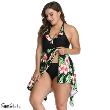 Plus Size 6XL 2019 Nauja Moterų Tankini maudymosi kostiumėlį Dviejų dalių Rinkinys Gėlių Spausdinti Paminkštinta Push Up maudymosi Kostiumėliai