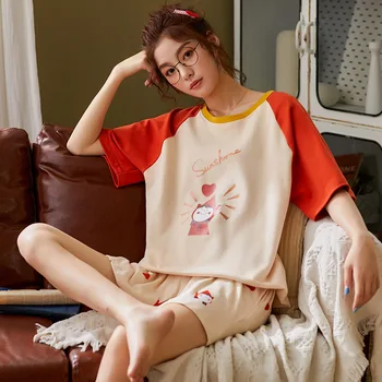 Vasarą 2 Dalių Rinkinys Moterims Sleepwear Rinkiniai Puikus Avokado Modelio Pižama Medvilnės Trumpos Namų Drabužiai Femme Apatiniai Pijamas Moterims