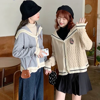 Korėjos Kawaii Twist susagstomi megztiniai Moterims Rudens Žiemos karinio jūrų Laivyno apykakle ilgomis Rankovėmis Megztinis Moteriška cardigan sueter mujer
