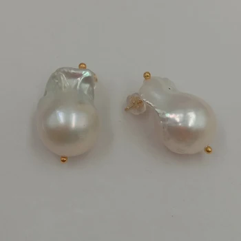 Mados baroko PERLAS 925 sidabro stud AUSKARAI, pobūdžio gėlavandenių perlų,AA didelis baroko perlas plotis 13-16 mm,925 sidabras kablys