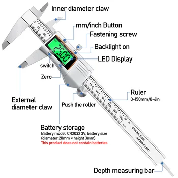 Nerūdijančio plieno metaliniu korpusu skaitmeninis suportas 0-150mm matavimo įrankis spalvotas ekranas