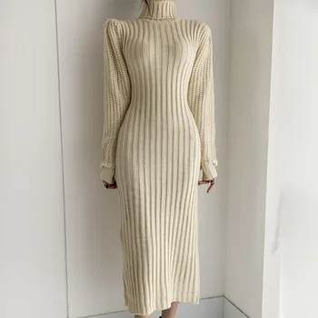 Mozision Golfo Megzti Suknelė Moterims Kietas Nėriniai-up Storio Suknelės Ponios 2021 M. Pavasarį Naujas Slim Šiltas Mezgimo Vestidos