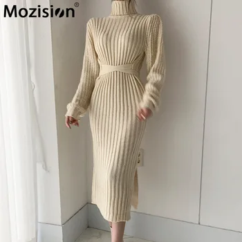 Mozision Golfo Megzti Suknelė Moterims Kietas Nėriniai-up Storio Suknelės Ponios 2021 M. Pavasarį Naujas Slim Šiltas Mezgimo Vestidos