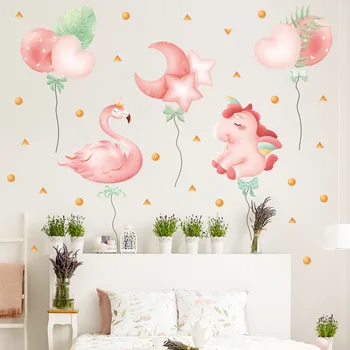 Romantiška Pink Flamingo Sienų Lipdukai Miegamasis, Vaikų kambarys Animacinių filmų Vienaragis Meilė Širdies Sienos Lipdukai, lipnios Sienos, Sienų Dekoras