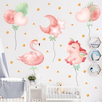 Romantiška Pink Flamingo Sienų Lipdukai Miegamasis, Vaikų kambarys Animacinių filmų Vienaragis Meilė Širdies Sienos Lipdukai, lipnios Sienos, Sienų Dekoras