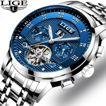 LIGE Mens Laikrodžių Mados Top Brand Prabangių Verslo Automatinis Mechaninis laikrodis Vyrams, Atsitiktinis Vandeniui Žiūrėti Relogio Masculino+Box