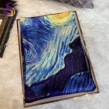 [BYSIFA] Mėlyna Šilko skara Skara Mados Prabangių Moterų Ilgi Šalikai Van Gogh Moon Star Naftos Paiting Šalikai Rudens Žiemos Skara