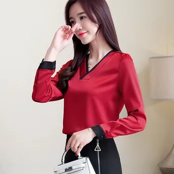 Mados moteris, palaidinės, 2021 m. pavasarį ilgai rankovių marškinėliai moterims kietas šifono palaidinė marškinėliai v apykaklės office palaidinė moterims blusa 1755 50