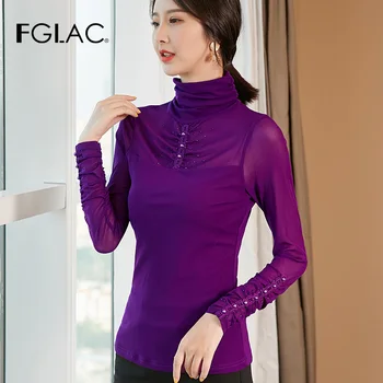 FGLAC Moterys t-shirt Mados atsitiktinis ilgomis rankovėmis Golfo akių viršūnes Elegantiškas plonas Deimantų Rudenį moterų marškiniai plius dydis blusas