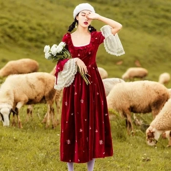 2018 m. rudenį Moterys Derliaus Ilgas, Maxi Kalėdų Vakarėlį vestido Aukštos Kokybės Siuvinėjimo Gėlių Nėrinių Aksomo Kratinys Sūpynės Suknelės