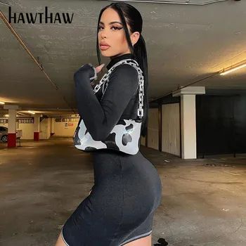 Hawthaw Moterų Mados Rudens Ilgomis Rankovėmis Kratinys Bodycon Liesas Paketo Klubo Mini Trumpą Suknelę 2020 M. Rudenį Drabužių Streetwear