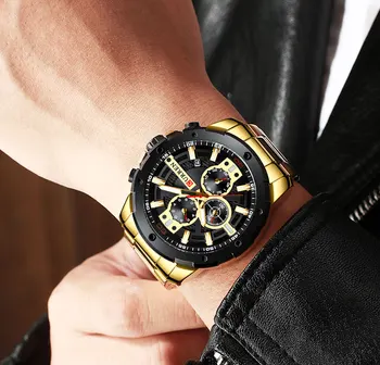 CURREN 8336 Laikrodžiai Vyrams Aukso Nerūdijančio Plieno Juosta Kvarcinis Laikrodis Karinės Chronograph Laikrodis Vyrų Sportiškas Žiūrėti Vandeniui