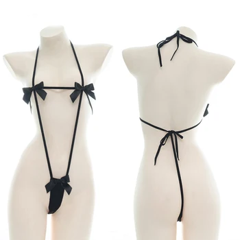 Seksualus, Moterų Mielas Bowknot Bikini Tiktų Trijų Taškų Mini Jumpsuits Apatiniai Nustatyti Japonų Stiliaus Nėrinių-UP vientisas Pižama Cosplay