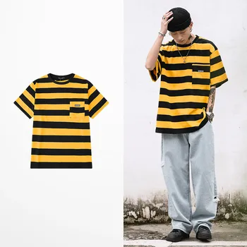 Harajuku Stripe T Shirt 2019 Vyrų Atsitiktinis Kišenėje marškinėliai trumpomis Rankovėmis Vasarą Hip-Hop Marškinėlius Streetwear Atsitiktinis Viršūnes Tees Žalia