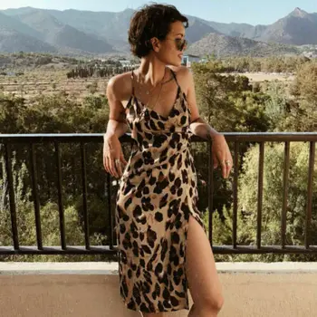 Vasarą Naujas Elegantiškas Moteris Boho Leopard-print Petnešos Suknelė Sexy V Kaklo Vakare Šalies Paplūdimys, Ritininės Sundress
