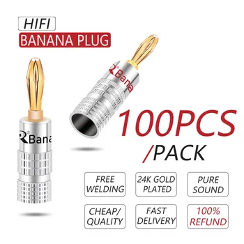 100vnt R Banana plug 24K Auksu Vario ĮBP 4mm Banana jungtis Vyrų Garsiakalbis plug juoda&raudona