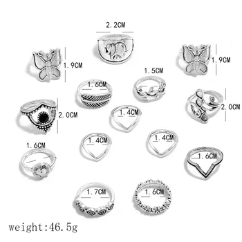 Retro mados Žiedas Drugelis Žiedas Nustatyti Širdies Formos Lapų Derinys Žiedo 14-Gabalas Moterų Dovanos