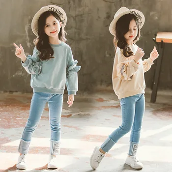 Baby girl drabužių rinkinys pavasario didelis vaikų nėrinių rankovės džinsus mergina drabužių nustatyti mergina drabužių rudens vaikų drabužiai