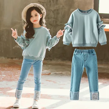 Baby girl drabužių rinkinys pavasario didelis vaikų nėrinių rankovės džinsus mergina drabužių nustatyti mergina drabužių rudens vaikų drabužiai